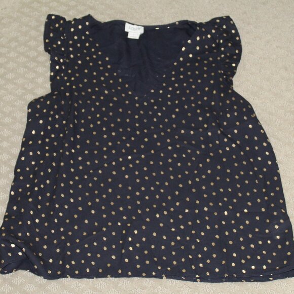 J. Crew Women's Size 6 Black w/ Metallic Gold Dots Ruffle Cap Sleeve V Neck - Picture 1 of 5